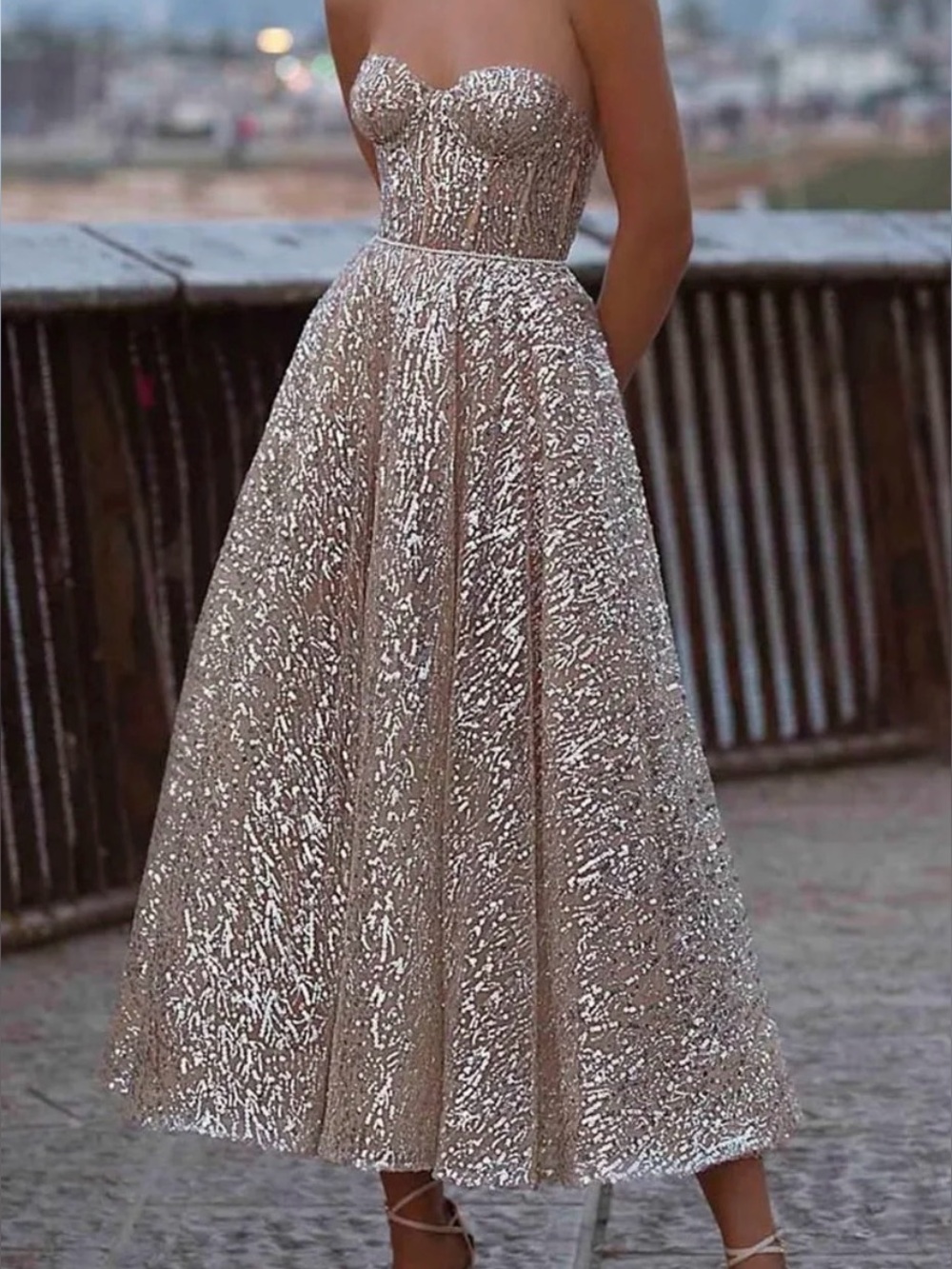 Jewelclues Sweet Love Champagne Sequin Strapless A-Line Midi Dress NWT!